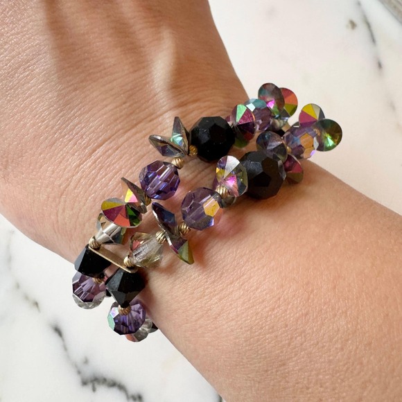 Vintage Purple Aurora Borealis Crystal Beaded Double Strand Bracelet Sparkly - Picture 9 of 11